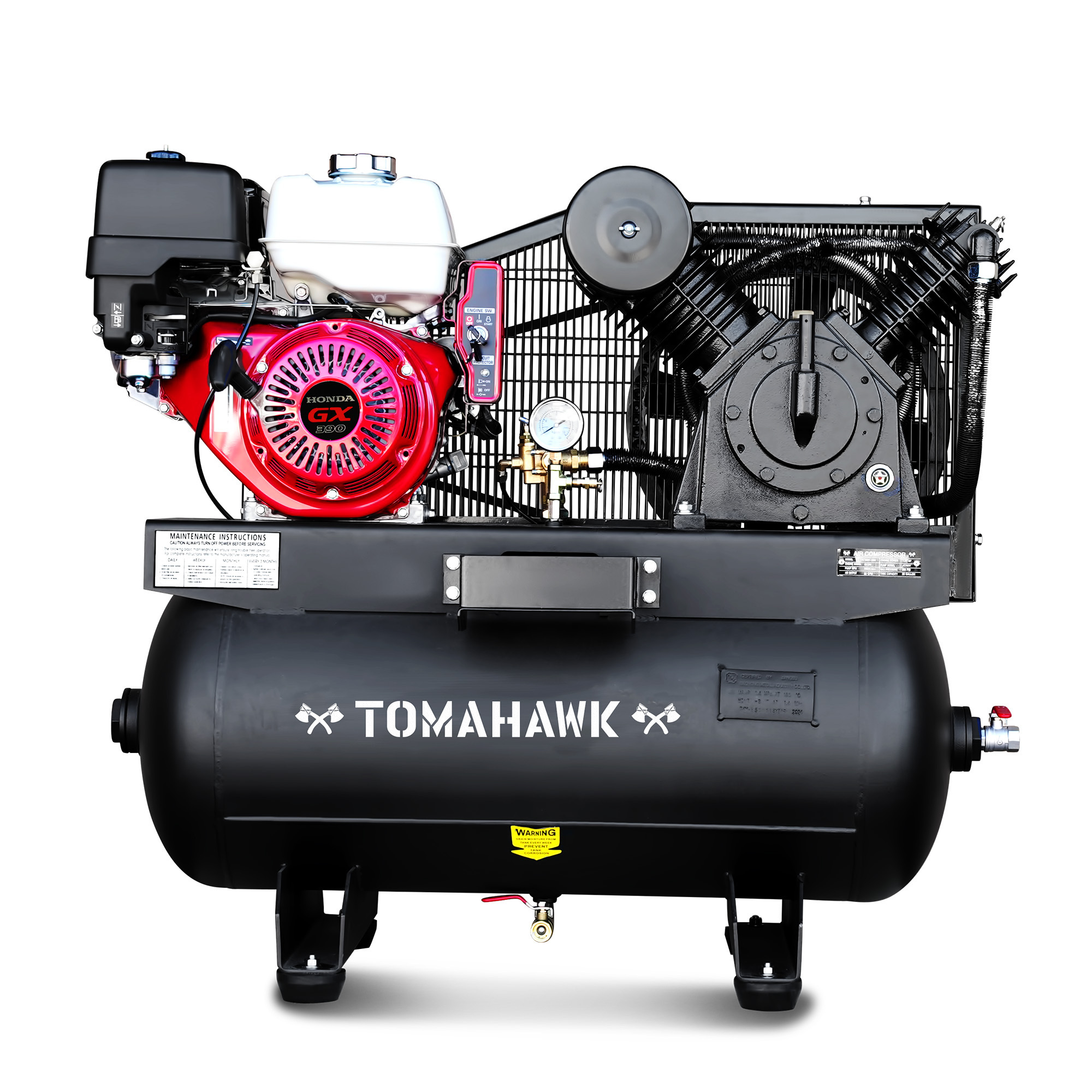 Tomahawk Air Compressor — 30 Gallon, 13 HP Honda GX390 Engine, Horizontal Tank, 24.4 CFM @ 90 PSI, Gas-Powered, Model# TAC30H-390
